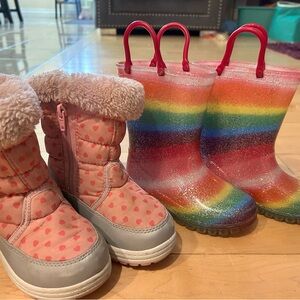 Kids Pink Heart Snow Boots and Rainbow Glitter Light up Rain Boots